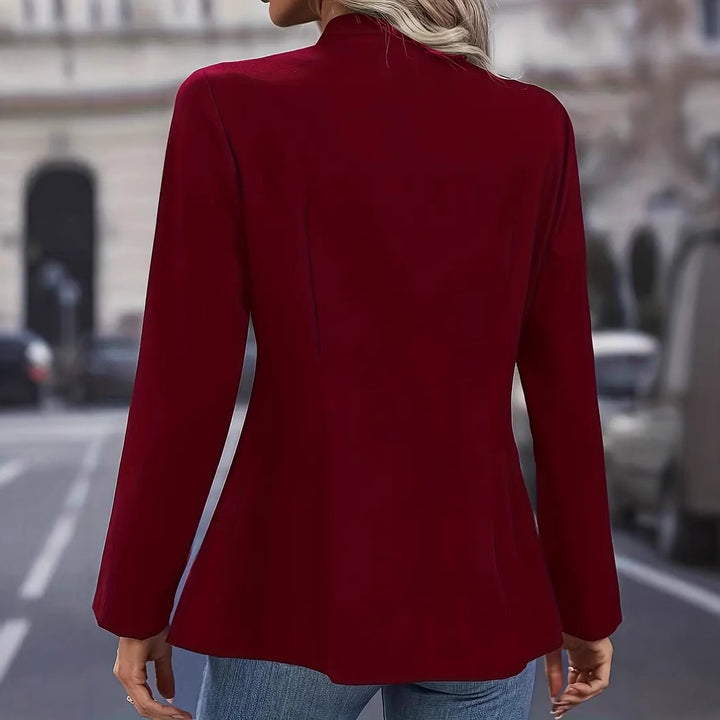 Ladies nan tailored long blazer with standing collar, decorative metal button strip and 3/4 sleeves Mune Fashion