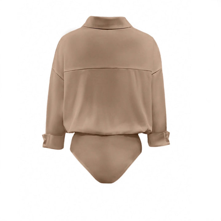 Women Elegant Shirt Blouse Bodysuit with V-Neck, Oversized Cut and Cuff Flaps Mune Fashion