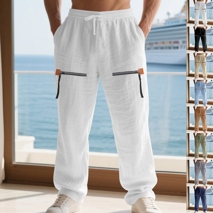 Men's Casual Linen Look Relaxed Fit Pants with Elastic Waistband, Drawstring & Zipper Cargo Pockets