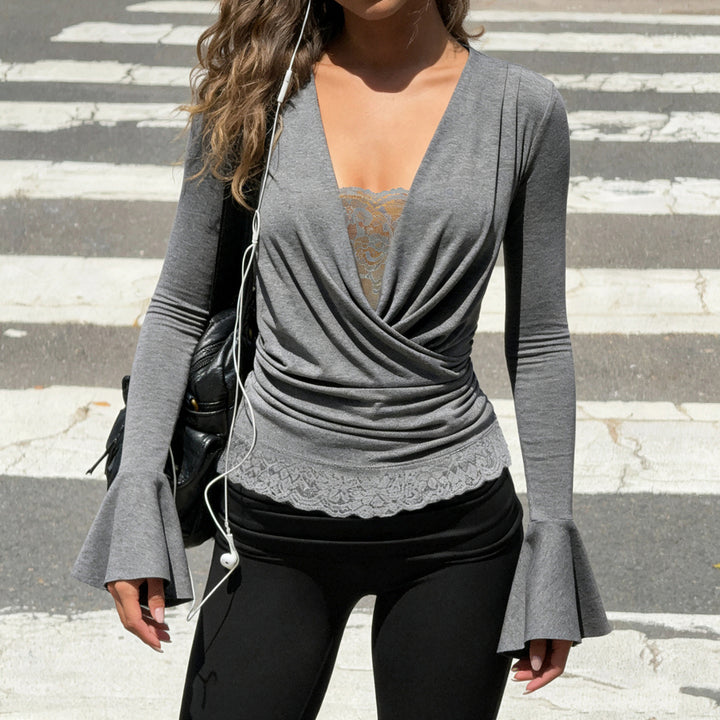 Women's wrap top with deep V-neck, gathering and lace trim Mune Fashion
