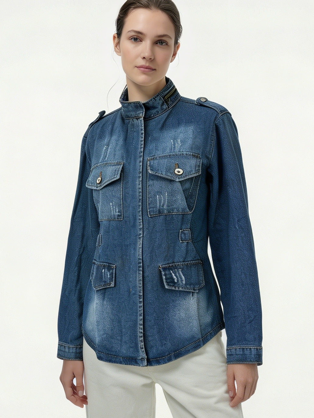 Women's tailored military denim jacket with stand-up collar, flap pockets and subtle used details Mune Fashion