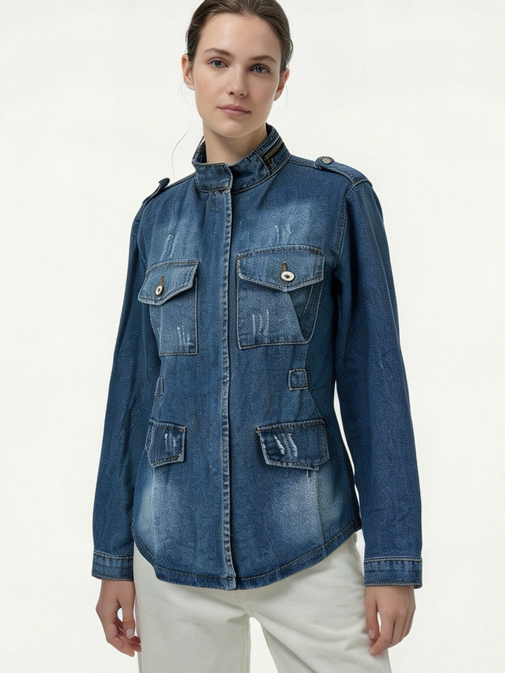 Women's tailored military denim jacket with stand-up collar, flap pockets and subtle used details Mune Fashion