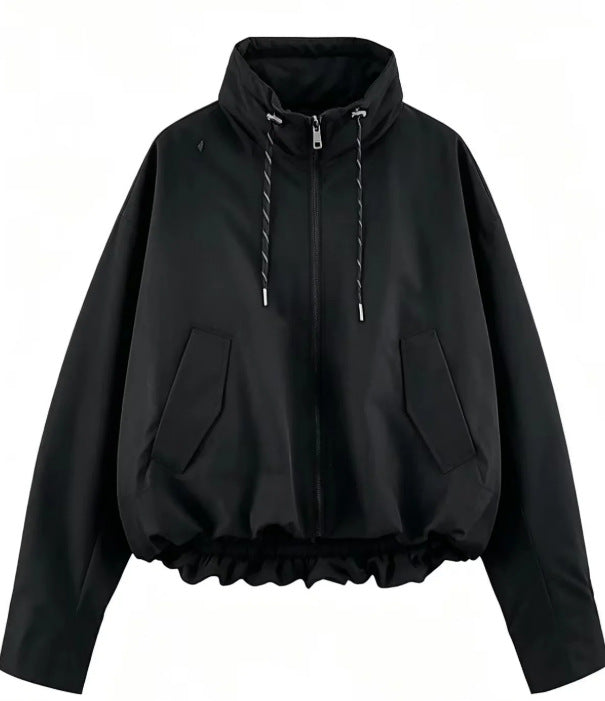 Women’s Oversize Cropped Hooded Jacket with Full Zip, Drawstring and Gathered Hem Mune Fashion