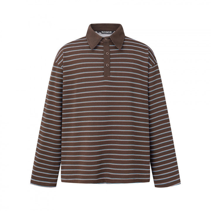 Unisex Long Sleeve Polo Shirt in Oversized Cut made from Cotton Jersey with Stripes and Henley Button Placket Mune Fashion