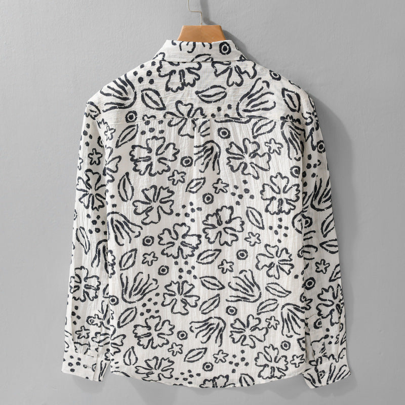 Men's Loose Crinkle Shirt with Hand-Drawn Floral Print and Chest Pocket Mune Fashion