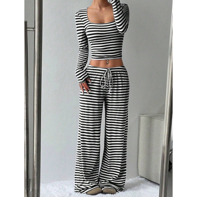 Women's Striped Lounge Two-Piece with Wide Leg and Cropped Long Sleeve Top Mune Fashion