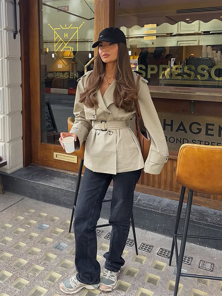 Women Short Tailored Trench Coat with Belt and Epaulettes Mune Fashion