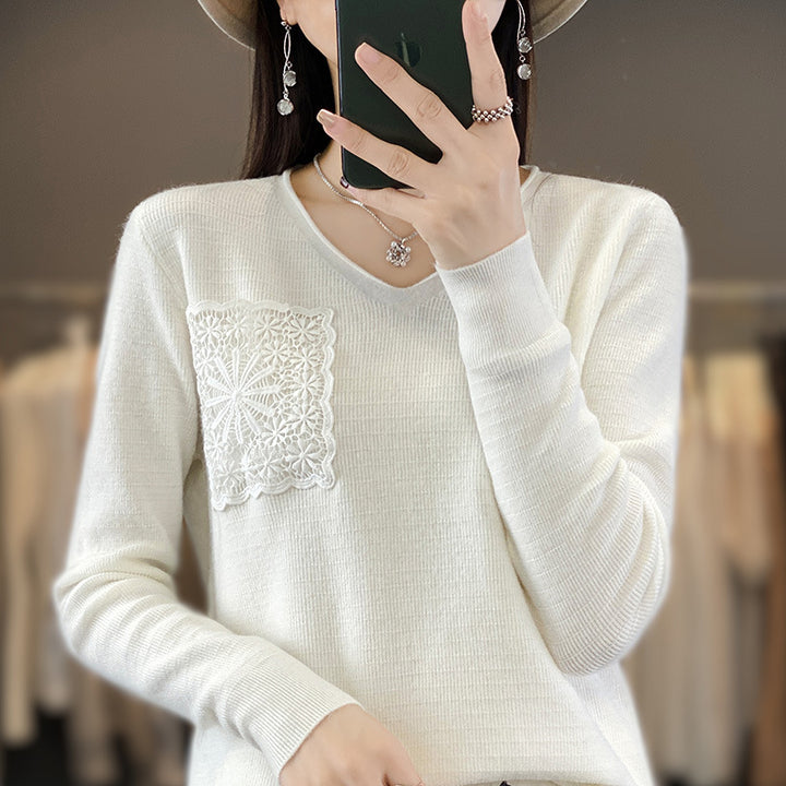 Women's Cashmere-Look V-Neck Sweater with Floral Crochet Appliqué Mune Fashion