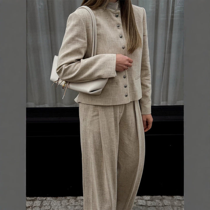 Women's stand collar jacket with metal buttons and wide pleated trousers Mune Fashion