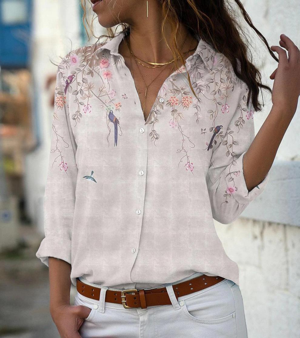 Women’s lightweight chiffon blouse with floral bird print, button placket and casual cut Mune Fashion