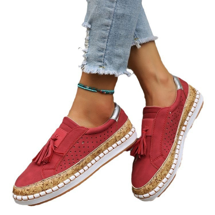 Women's Slip-On Wedge Sneakers with Cork Platform, Tassels and Perforated Upper Mune Fashion