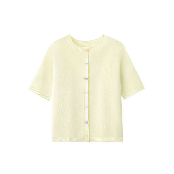 Women's Short Sleeve Fine Knit Cardigan with Round Neckline & Fine Button Placket Mune Fashion
