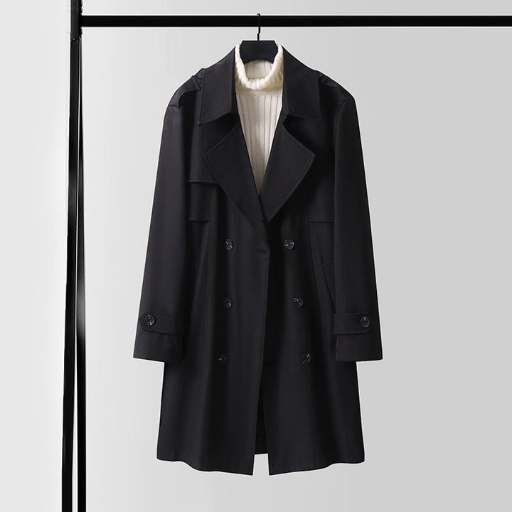 Women's Double-breasted Short Trench Coat made of lightweight wool blend with a soft drape and shoulder flaps Mune Fashion