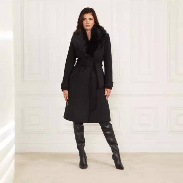 Women’s wool coat with detachable fur collar and waist belt Mune Fashion