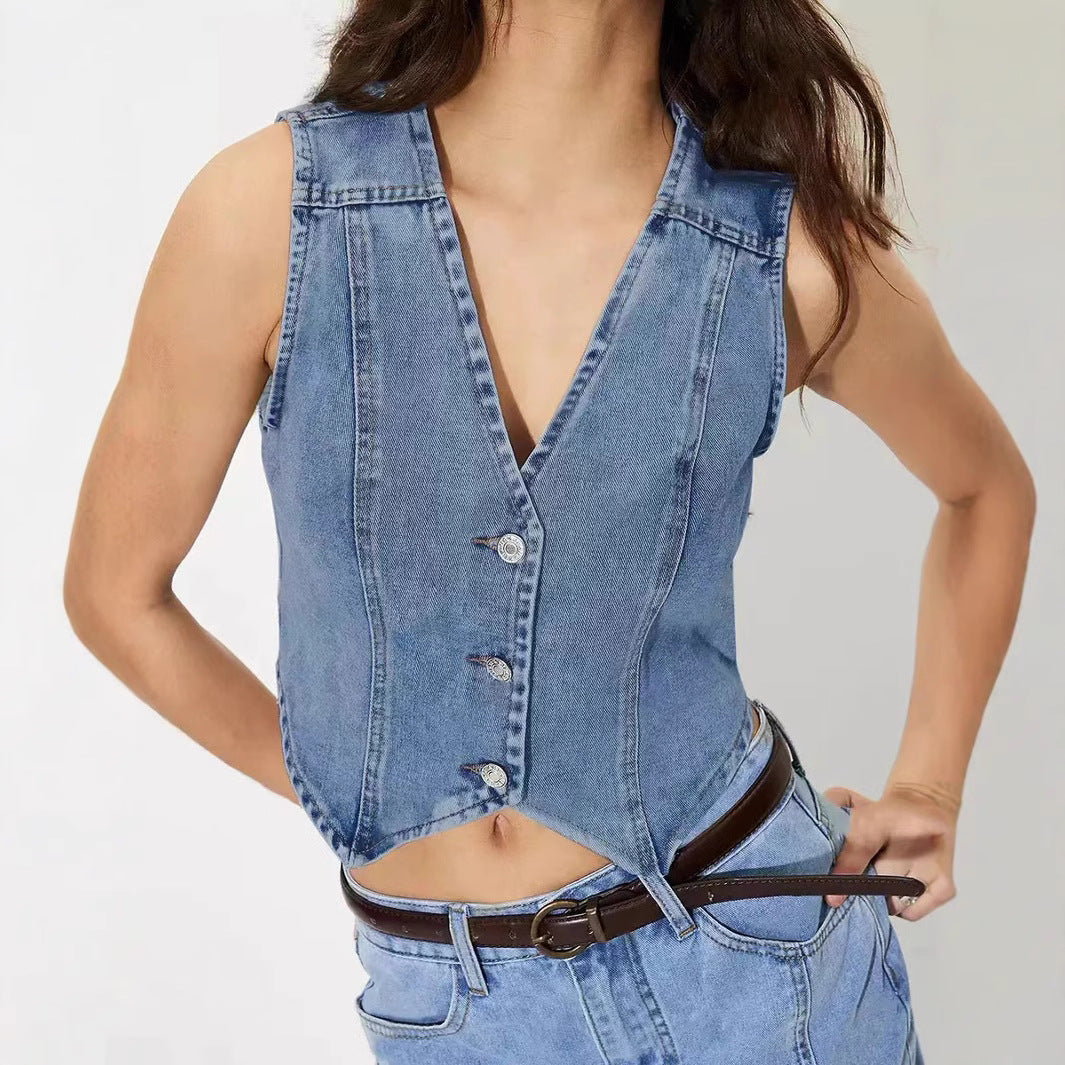 Women tailored sleeveless denim vest with V-neck Mune Fashion