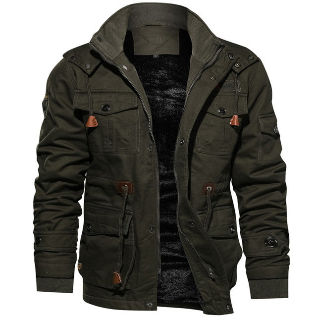 Men's windproof multifunctional field jacket made of canvas with warming teddy plush lining and adjustable drawstring hood