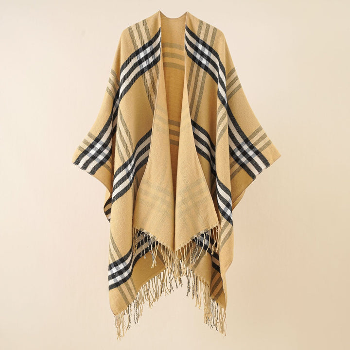 Women's Oversize Cloak with Check Pattern, Fringes and Wool Look Mune Fashion