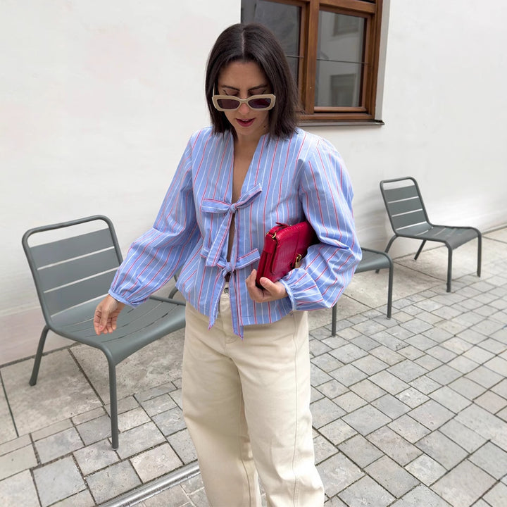 Women's Striped Tie Blouse with Bow Front, V-Neck & Balloon Sleeves Mune Fashion