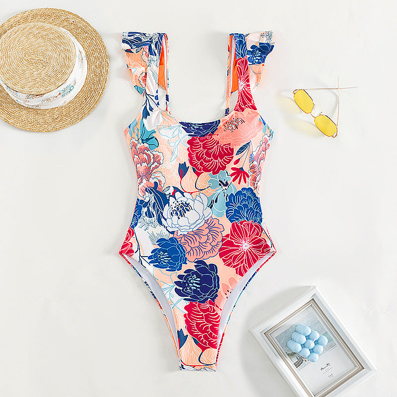 Women's one-piece swimsuit with floral pattern and ruffle details Mune Fashion