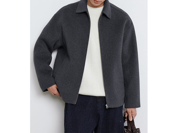 Men's Short Cut Wool Blend Transitional Jacket with Zipper and Shirt Collar Mune Fashion