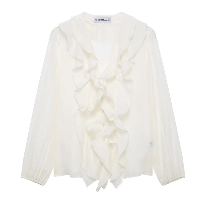 Women ruffled chiffon blouse with V-neck, continuous button placket and ruffle details Mune Fashion