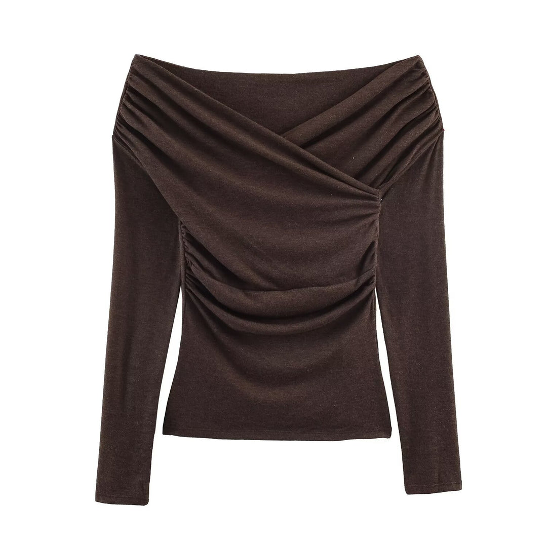 Women Off-Shoulder Gathered Long Sleeve Top with Wrap Draping Mune Fashion