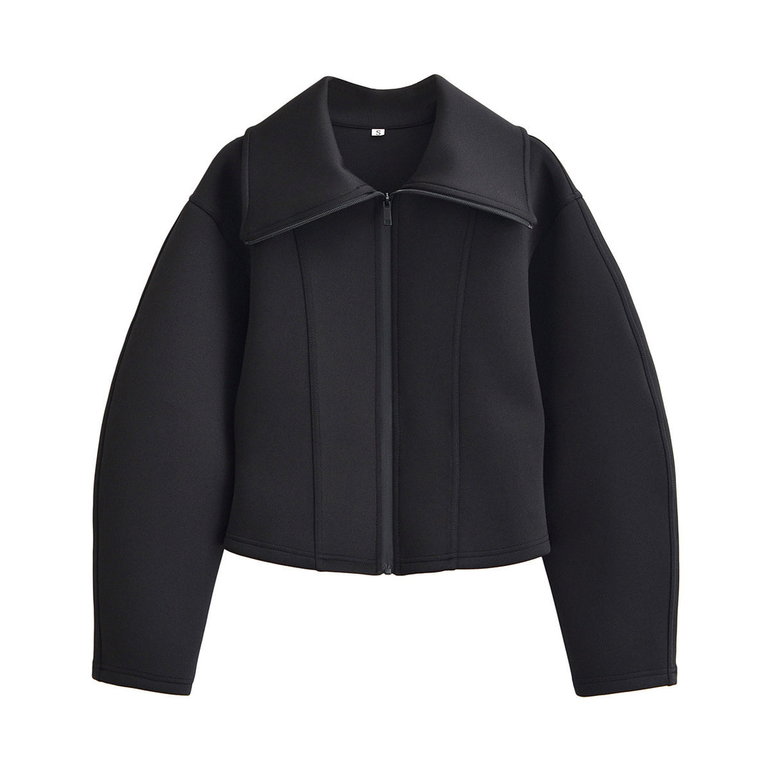 Women's Shaped Neoprene Jacket with Oversized Collar and Tailored Cropped Silhouette Mune Fashion