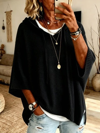 Women's oversized knit poncho with hood and short sleeves Mune Fashion