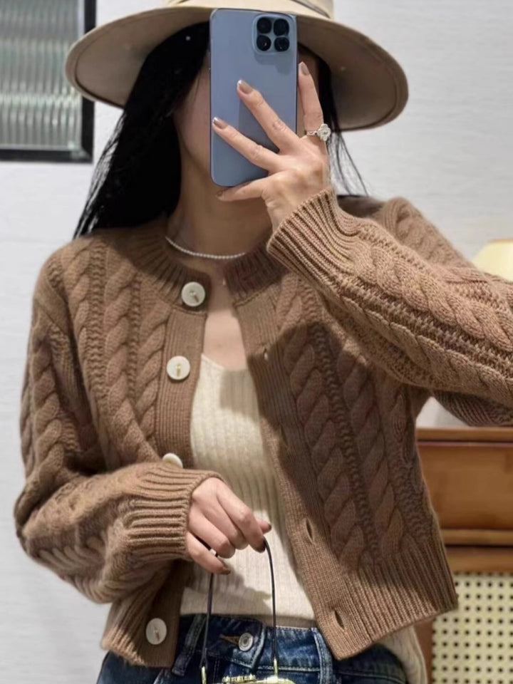 Women Short Braided Knit Cardigan with Wide Rib Hem and Large Buttons Mune Fashion