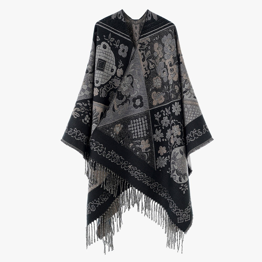 Women Jacquard Wool Blend Poncho with Patchwork Flower Pattern and Fringed Hem Mune Fashion