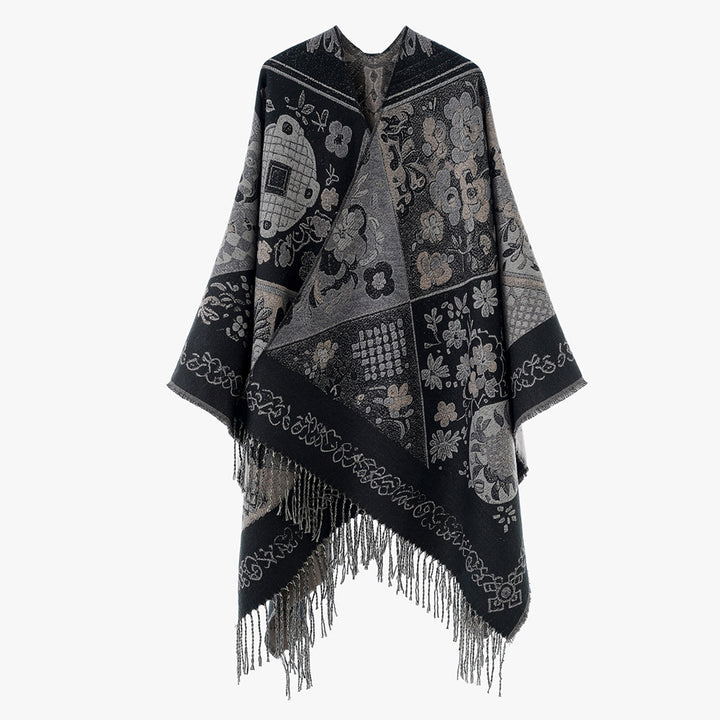Women Jacquard Wool Blend Poncho with Patchwork Flower Pattern and Fringed Hem Mune Fashion