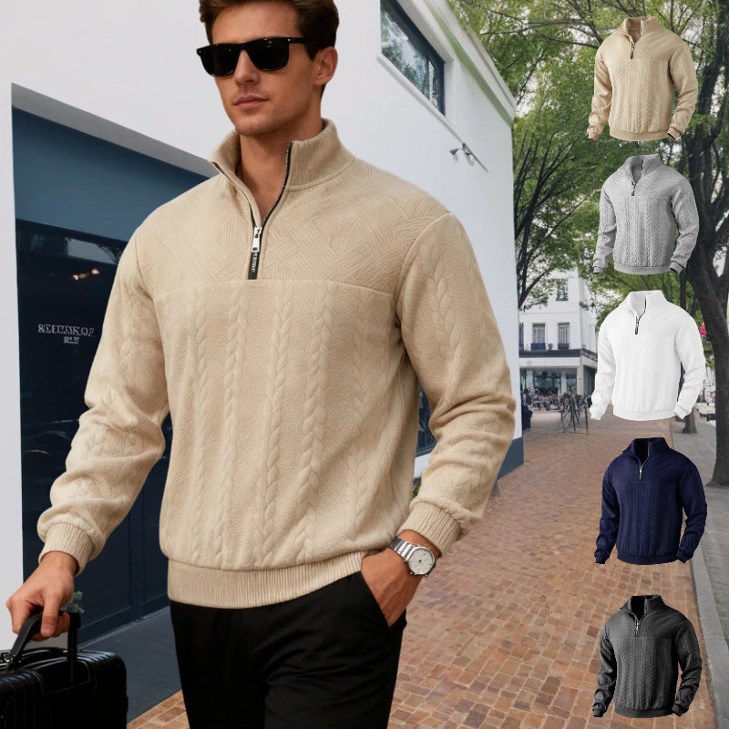 Men's chunky knit half-zip sweater with cable pattern and stand-up collar Mune Fashion