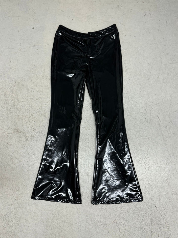 Women's high-gloss patent pants with a high waist, form-fitting thigh cut, and wide flare Mune Fashion