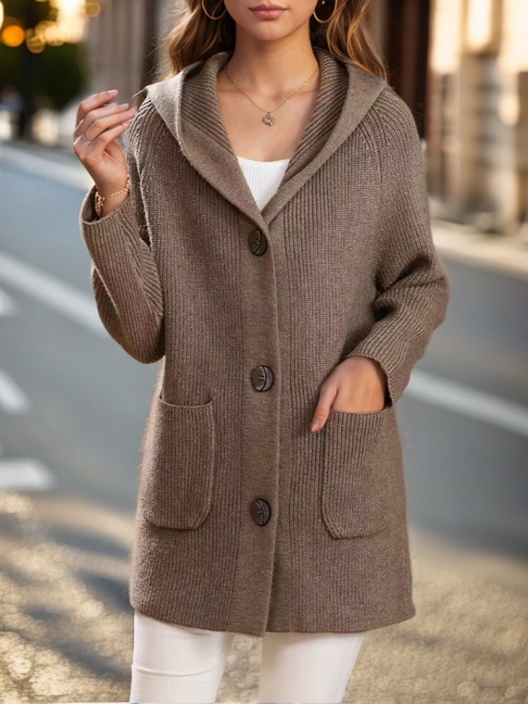 Women's long ribbed hooded cardigan with patch pockets and distinctive buttons Mune Fashion
