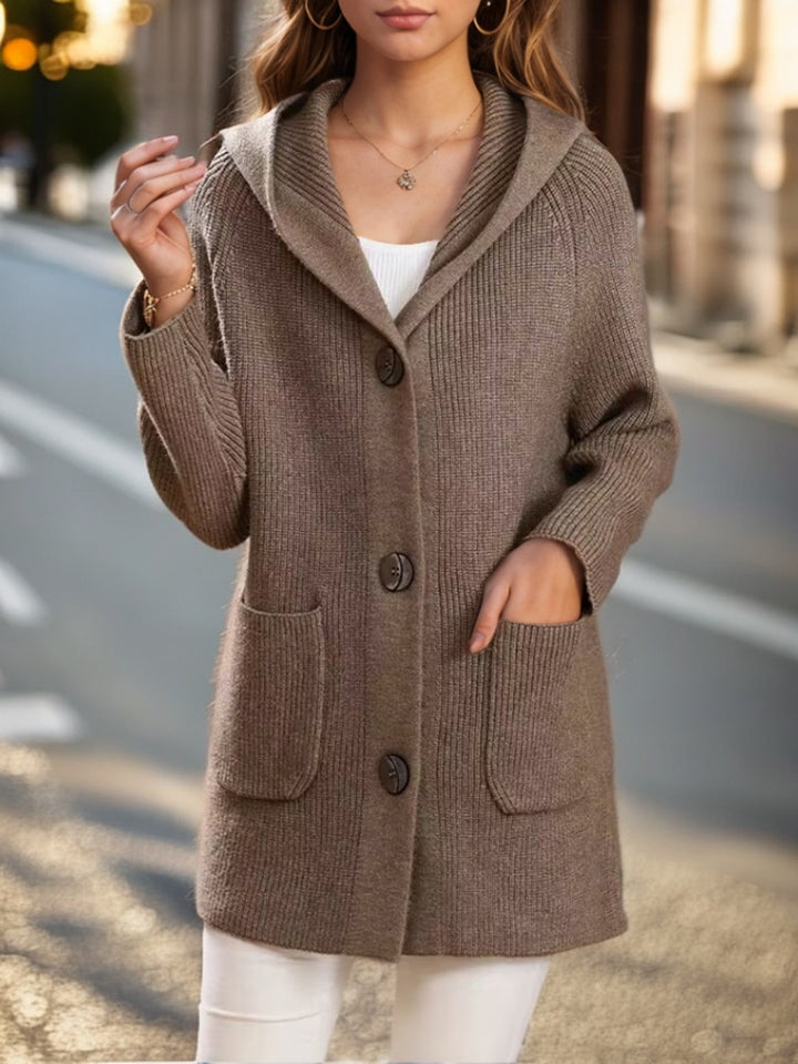 Women's long ribbed hooded cardigan with patch pockets and distinctive buttons Mune Fashion