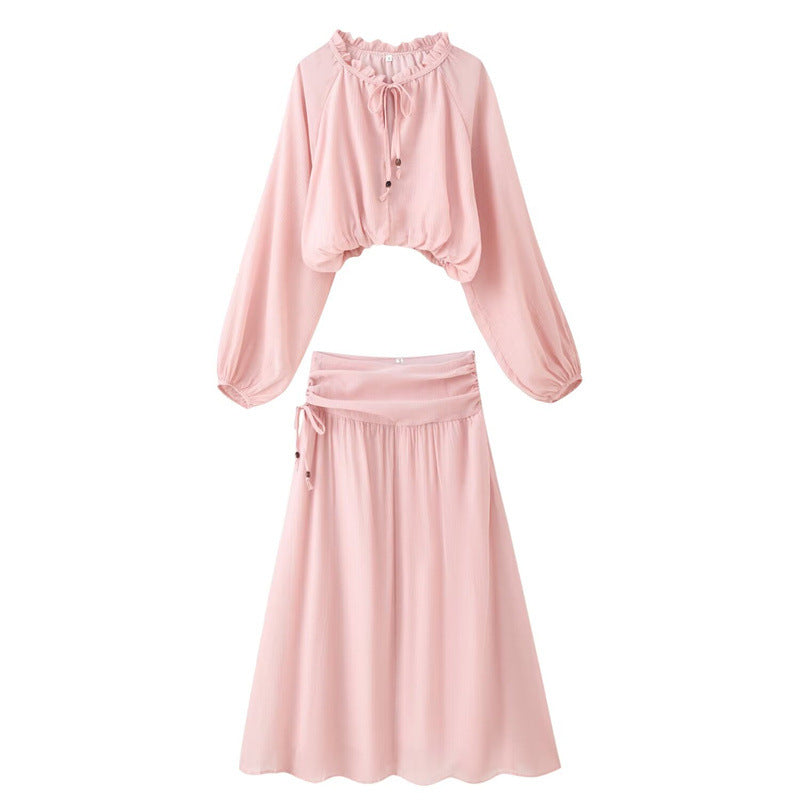 Women's Two-Piece Boho Set with Cropped Ruffle Blouse, Balloon Sleeves and High-Waisted Maxi Skirt Mune Fashion