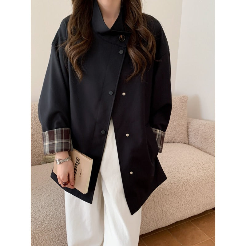 Women's Oversized Short Jacket with Snap Placket and Checked Sleeve Cuff Mune Fashion