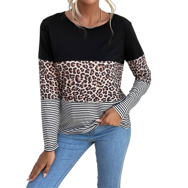 Women's Colorblock Long Sleeve Top with Leopard and Stripe Mix Mune Fashion