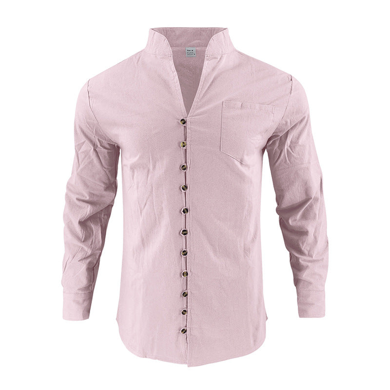 Men's lightweight linen shirt with stand-up collar, full button placket, and patch chest pocket Mune Fashion