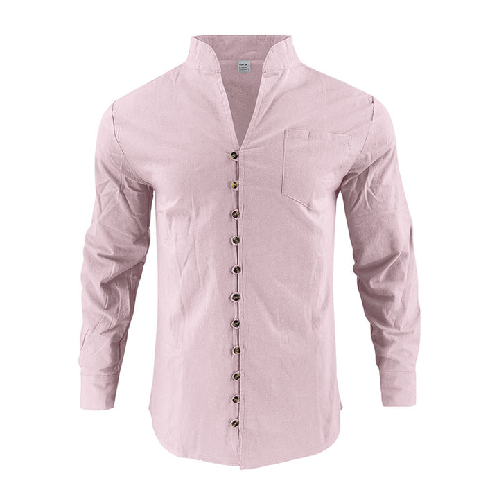 Men's lightweight linen shirt with stand-up collar, full button placket, and patch chest pocket Mune Fashion