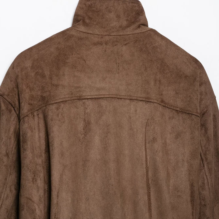 Women's short jacket in suede look with high stand-up collar, decorative dividing seams and tie belt Mune Fashion
