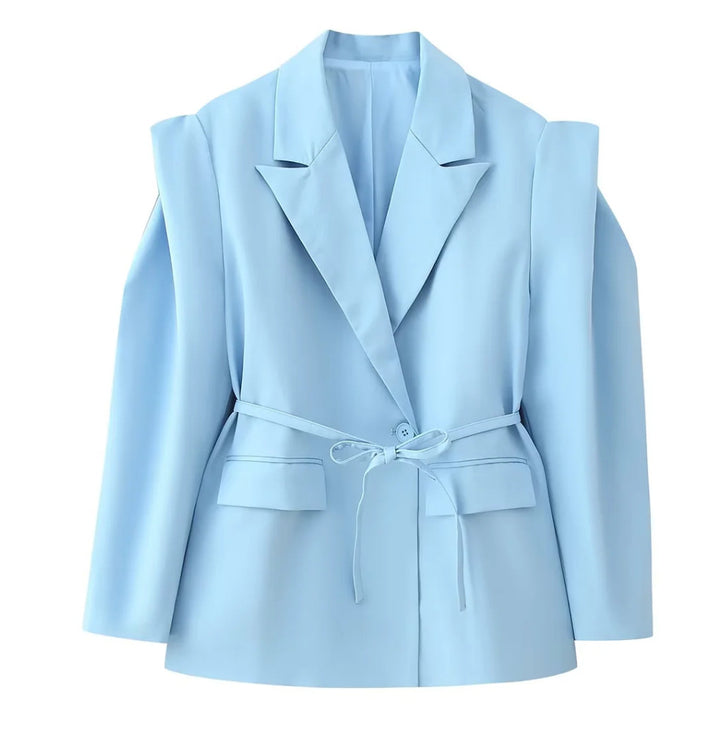 Women's blazer with shoulder cutouts, belted waist and single button closure Mune Fashion