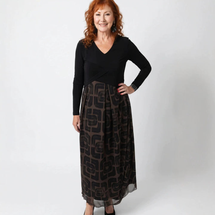 Ladies' V-neck Maxi Dress with Fitted Wrap Top and Transparent Patterned Overlay Skirt Mune Fashion