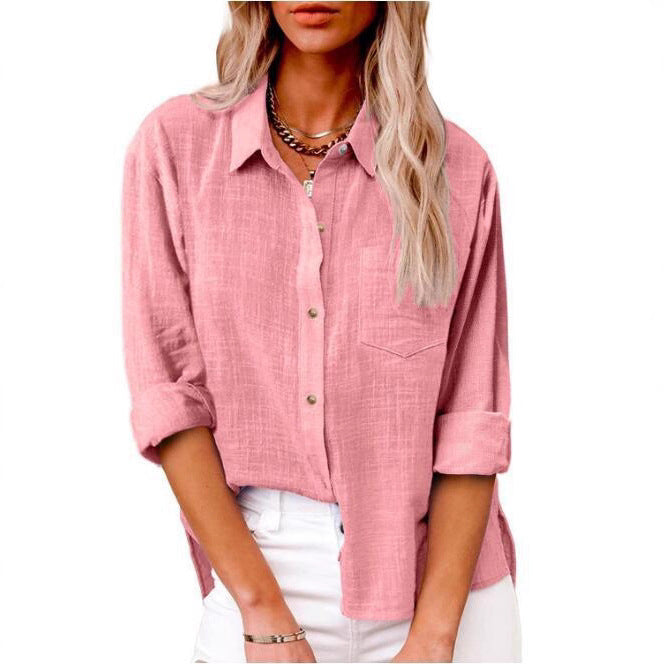 Women's Casual Linen Blouse with Short Sleeves and Button Details Mune
