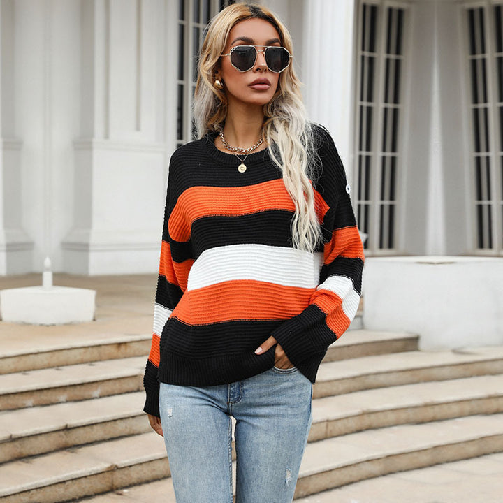 Women Comfortable Knitted Sweater with Distinctive Block Stripes Mune Fashion