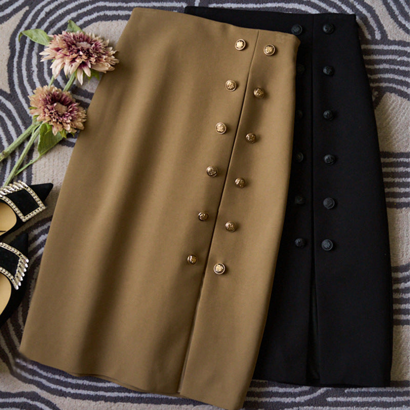 Women's High-Waisted Pencil Midi Skirt with Decorative Double-Breasted Button Placket and Front Slit Mune Fashion