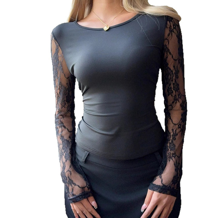Ladies nano tailored elastic long sleeve shirt with floral lace arm decorations Mune Fashion