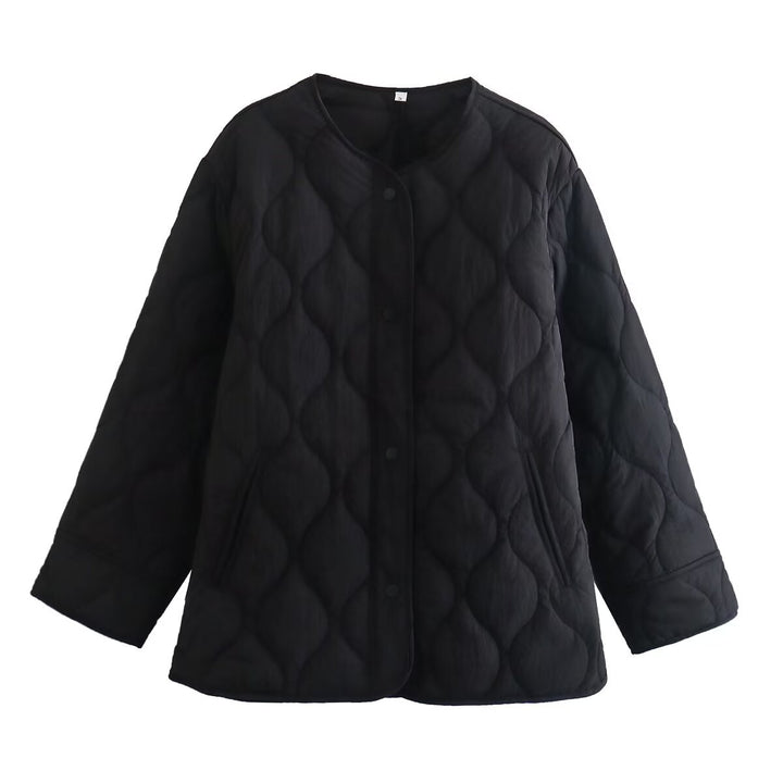 Women Padded Quilted Jacket in Boxy Cut with Round Neckline Mune Fashion