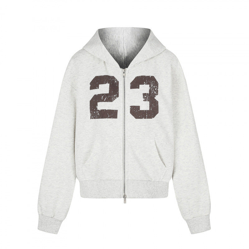 Unisex Lightweight Hooded Zip Jacket with Vintage Numbers Print and Kangaroo Pockets Mune Fashion