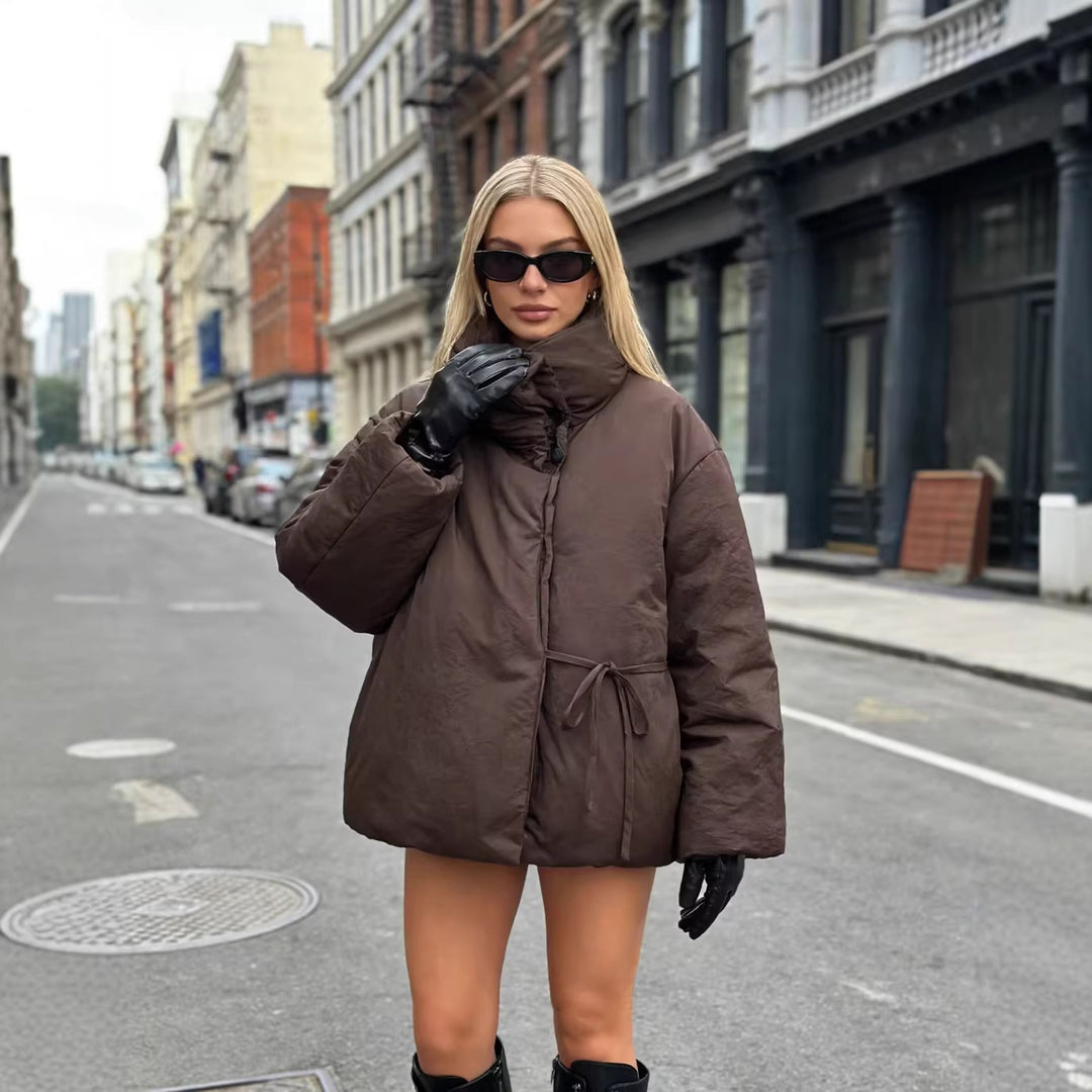 Women's Oversized Quilted Jacket with High Stand Collar and Waist Belt Mune Fashion